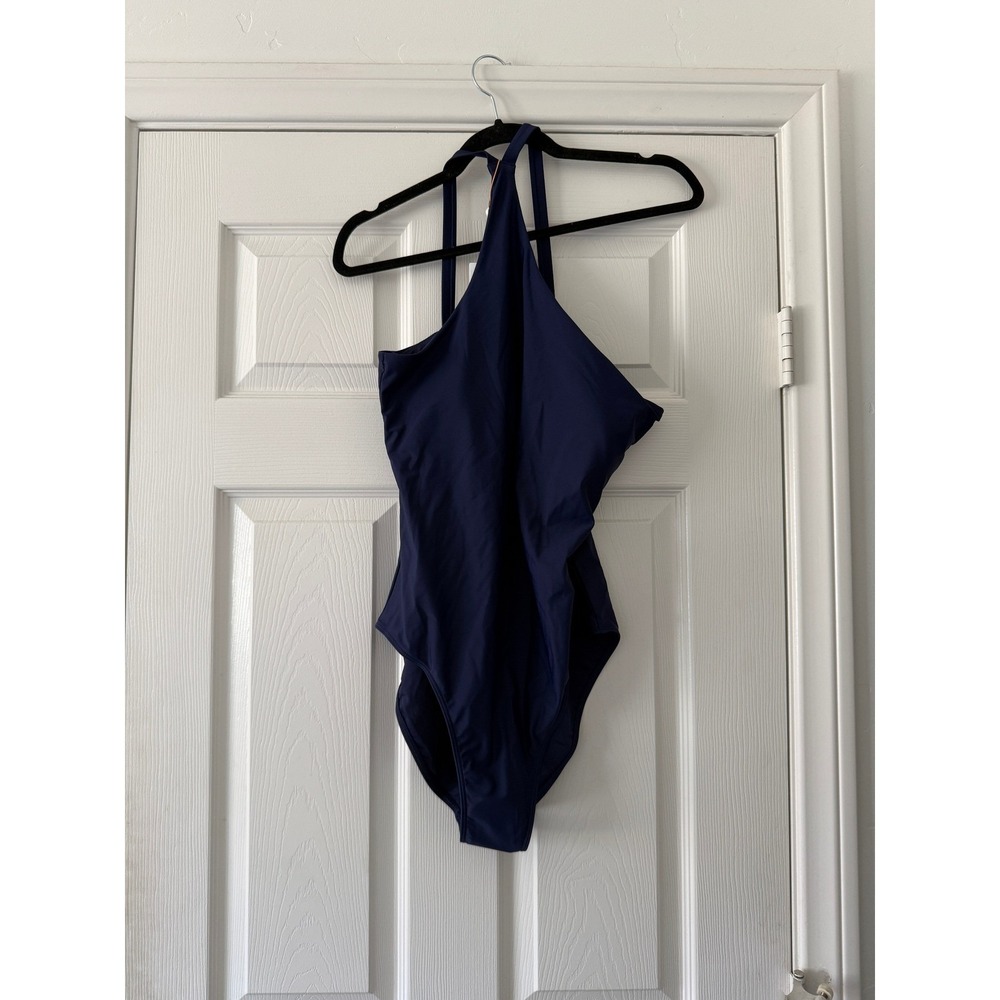 quince high neck one-piece swimsuit in deep navy blue, women size small